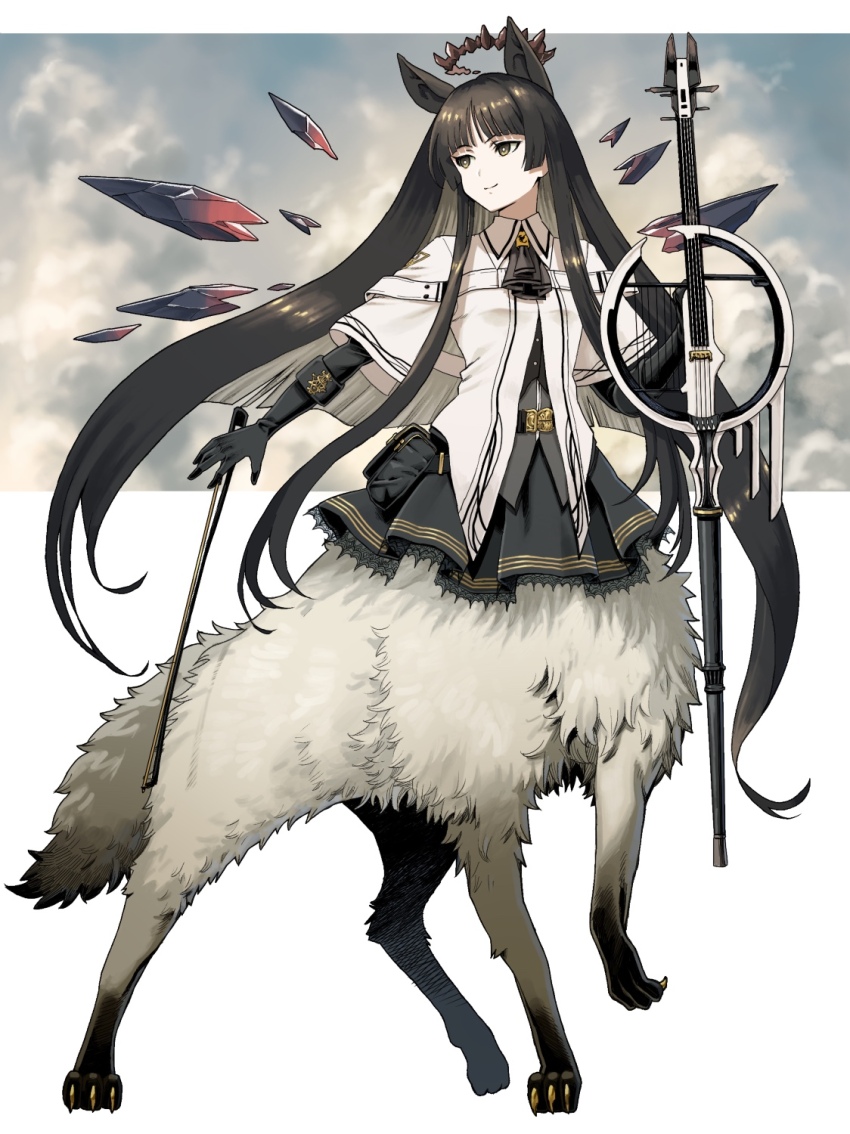 1girl animal_ears arknights ascot black_ascot black_bustier black_eyes black_gloves black_hair black_halo black_pouch black_skirt blunt_bangs bow_(music) breasts broken_halo bustier cello centauroid claws closed_mouth collared_jacket commentary_request commission dark_halo detached_wings elbow_gloves energy_wings fox_ears fox_tail full_body gloves halo highres hime_cut holding holding_bow_(music) instrument jacket long_hair looking_to_the_side monster_girl monsterification multiple_legs pleated_skirt short-sleeved_jacket short_sleeves sidelocks skeb_commission skirt small_breasts smile solo standing standing_on_three_legs tail taur ume_(yume_uta_da) very_long_hair virtuosa_(arknights) white_jacket wings
