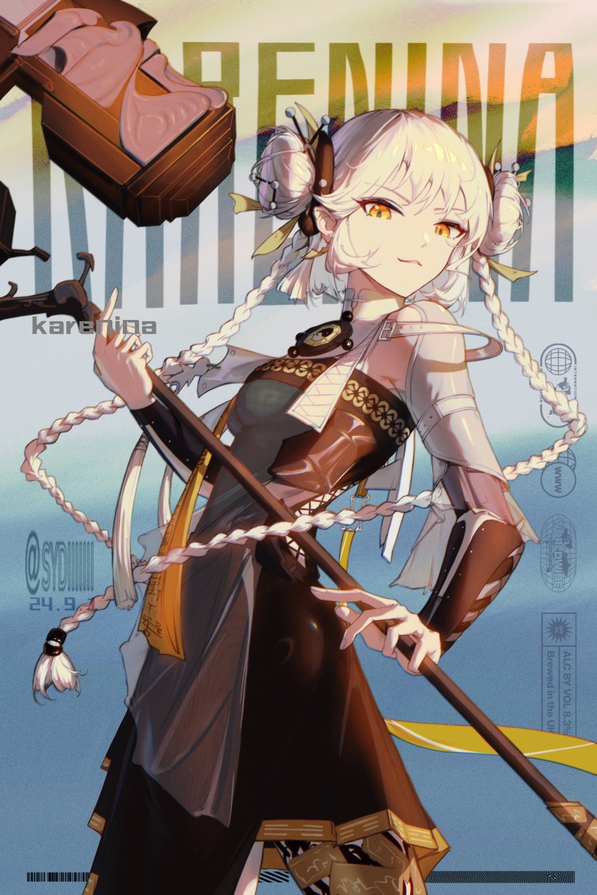 1girl absurdres black_dress braided_twintails character_name chinese_clothes dated double_bun dress grey_hair hair_bun hair_ornament hammer highres holding holding_hammer holding_weapon huge_weapon karenina:_scire_(warding_ritualist)_(pgr) karenina_(pgr) orange_eyes parted_lips punishing:_gray_raven shrug_(clothing) sydiiiiiii war_hammer weapon white_hair