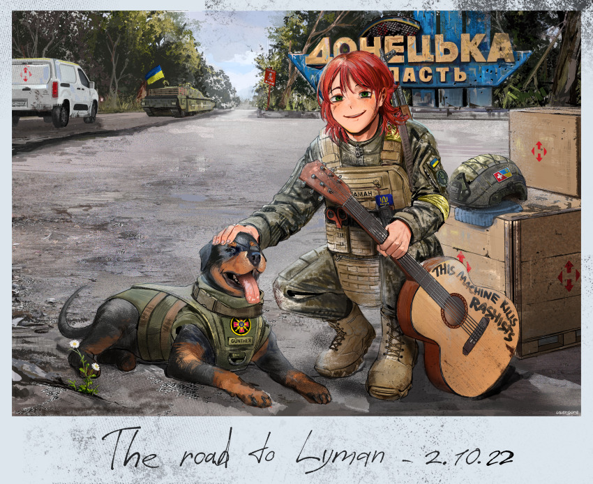 1boy absurdres acoustic_guitar akm androgynous assault_rifle boots box bullet_hole combat_boots commentary commission commissioner_upload dog donetsk_oblast english_text flag flag_on_vehicle flower green_eyes guitar gun gunther_(lapislumos) handgun helmet highres holding holding_guitar holding_instrument idi_nahui instrument international_legion_of_ukraine k9_(dog) kalashnikov_rifle kenneth_del_duca long_hair male_focus military_combat_uniform military_fatigues military_uniform military_vehicle motor_vehicle non-web_source original picture_frame polaroid_photo red_hair rifle road rottweiler russo-ukrainian_war smile soldier squatting street tank timestamp trap ukraine ukrainian_flag ukrainian_ground_forces ukrainian_text usergore van war weapon