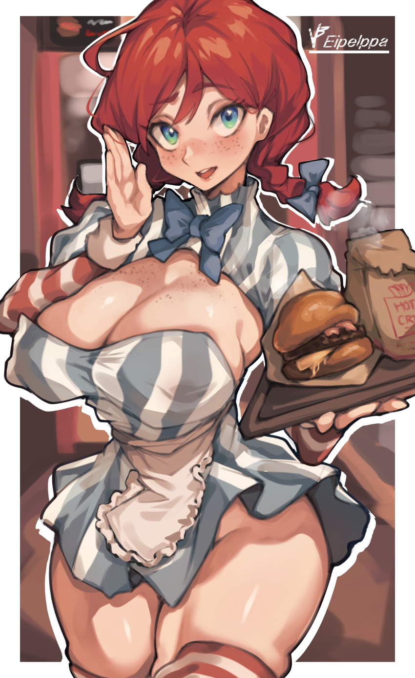 1girl absurdres artist_name blue_bow blue_bowtie blue_eyes bow bowtie braid breasts burger cleavage commentary_request covered_erect_nipples dress food freckles hair_bow hand_up highres iparupua large_breasts looking_at_viewer open_mouth product_girl red_hair red_thighhighs short_hair solo striped_clothes striped_dress striped_thighhighs thighhighs thighs twin_braids vertical-striped_clothes vertical-striped_dress wendy&#039;s wendy_(wendy&#039;s)