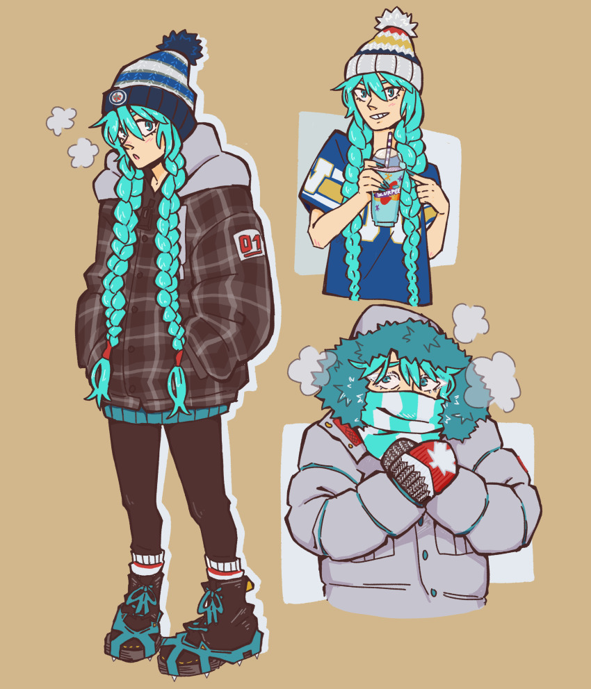 1girl :o absurdres aqua_eyes aqua_hair black_pants blue_shirt braid breath brown_background brown_coat canada coat commentary cup disposable_cup drinking_straw english_commentary grey_coat hands_in_pockets hat hatsune_miku highres hood hood_down hooded_coat leaf long_hair looking_at_viewer maple_leaf mittens multiple_views pants scarf shirt shoes short_sleeves slushie sneakers spookybonecas twin_braids very_long_hair vocaloid worldwide_miku
