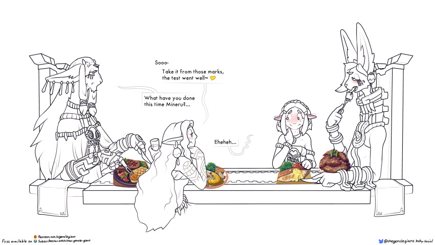 1boy 3girls bluesky_username blush chair character_request dinner earrings family furry furry_female furry_male game_screenshot_inset hickey highres jewelry long_hair mineru_(zelda) monochrome multiple_girls nintendo on_chair pointy_ears princess_zelda sidelocks spot_color table the_gentle_giant the_legend_of_zelda the_legend_of_zelda:_tears_of_the_kingdom yuri zonai