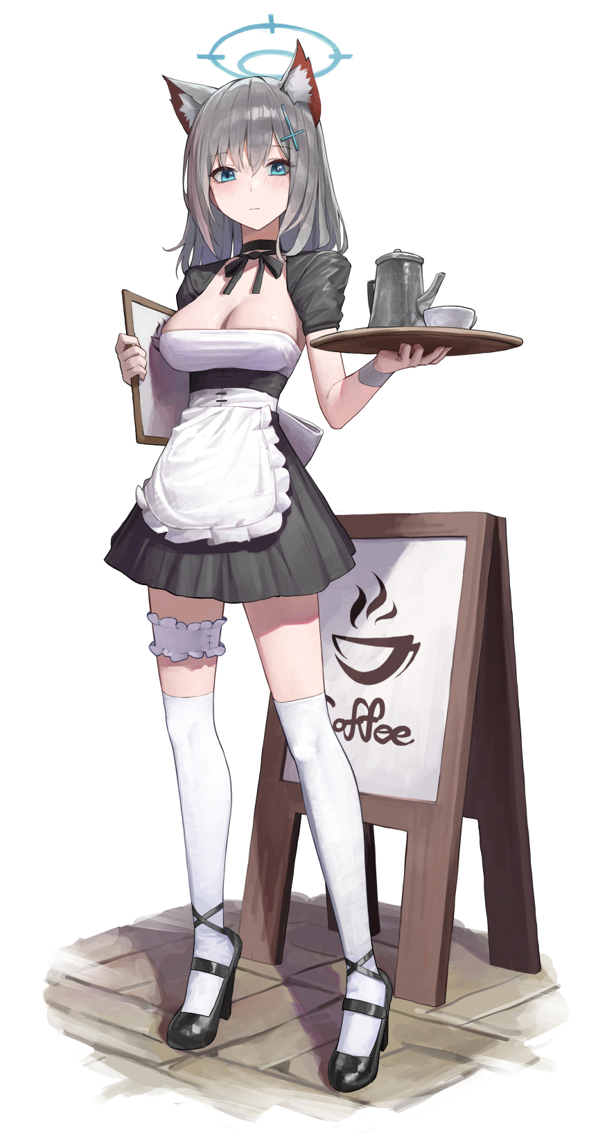 1girl absurdres alternate_costume animal_ear_fluff animal_ears apron black_dress black_ribbon blue_archive blue_eyes breasts cleavage cross_hair_ornament cup dress enmaided frilled_thigh_strap full_body grey_hair hair_ornament halo highres holding holding_menu holding_tray hwan_(verypoor) long_hair maid maid_apron medium_breasts menu mismatched_pupils neck_ribbon puffy_short_sleeves puffy_sleeves ribbon shiroko_(blue_archive) short_sleeves sign solo thigh_strap thighhighs tray white_thighhighs wolf_ears wolf_girl zettai_ryouiki