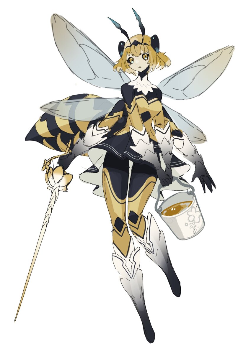 1girl antennae arthropod_girl bee_girl black_sclera blonde_hair bob_cut bucket colored_sclera dress extra_arms extra_eyes female_focus full_body highres holding holding_bucket holding_sword holding_weapon honey insect_girl insect_wings looking_at_viewer monster_girl original ruteko_(ruko220) simple_background solo sword weapon white_background wings yellow_eyes