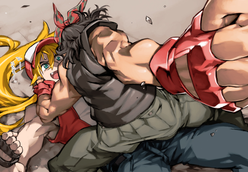 2boys bandana baseball_cap black_hair blue_eyes boy_on_top cargo_pants clenched_hand clothes_grab commentary_request denim fang fatal_fury fighting gloves hat imminent_punch jeans long_hair male_focus multiple_boys muscular open_mouth pants ponytail ralf_jones red_gloves shirt_grab shoulder_pads sleeveless straddling tan terry_bogard the_king_of_fighters translation_request vest ysk!