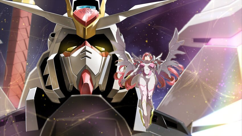 1girl 1other alternate_costume blue_eyes bodysuit breasts exocet_(exocet4) glowing gundam gundam_seed gundam_seed_freedom hair_ornament helmet highres lacus_clyne light_particles long_hair mecha mecha_pilot_suit mighty_strike_freedom_gundam mobile_suit normal_suit_(gundam) official_alternate_costume pilot pilot_suit pink_hair robot science_fiction spacesuit spoilers v-fin very_long_hair wings yellow_eyes