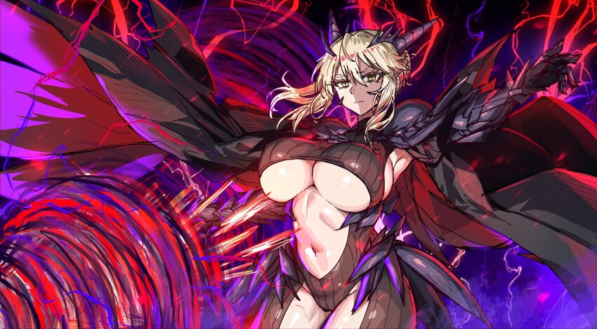 1girl absurdres armor artoria_pendragon_(fate) artoria_pendragon_(lancer_alter)_(fate) black_bodysuit blonde_hair bodysuit braid breasts cape center_opening cleavage ebora fate/grand_order fate_(series) faulds french_braid gauntlets highres horns lance large_breasts long_hair looking_at_viewer navel polearm rhongomyniad_(fate) ribbed_bodysuit sidelocks solo underboob weapon yellow_eyes