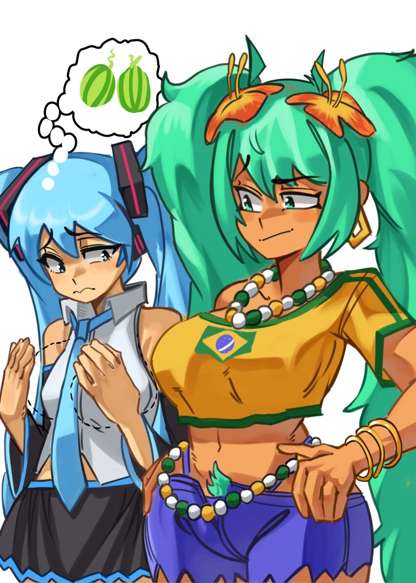 2girls aqua_eyes aqua_hair aqua_necktie black_skirt black_sleeves blue_eyes blue_hair blue_shorts bracelet brazil brazilian_flag brazilian_flag_print brazilian_miku collar_jewel commentary detached_sleeves dotted_line english_commentary female_pubic_hair flag_print flower food frown fruit grey_shirt hair_flower hair_ornament hatsune_miku headphones headset highres jewelry long_hair melon moxydraws multiple_bracelets multiple_girls necktie pubic_hair raised_eyebrow rectangular_earrings selfcest shirt shorts shorts_tan simple_background skirt smile speech_bubble tan tanline tanline_peek thought_bubble twintails very_long_hair vocaloid white_background yellow_shirt yuri