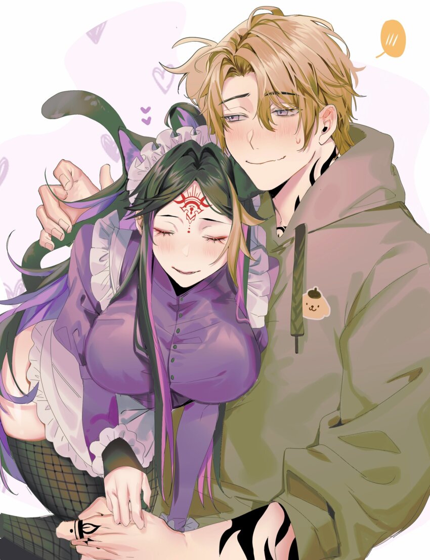 1boy 1girl animal_ears blonde_hair blush breasts cat_ears cat_girl cat_tail closed_eyes commentary_request genderswap genderswap_(mtf) grey_eyes grey_hair heart highres hood hood_down hoodie large_breasts long_hair long_sleeves luca_kaneshiro maid maid_headdress nijisanji nijisanji_en rekooo shu_yamino shu_yamino_(2nd_costume) tail tattoo thighhighs virtual_youtuber