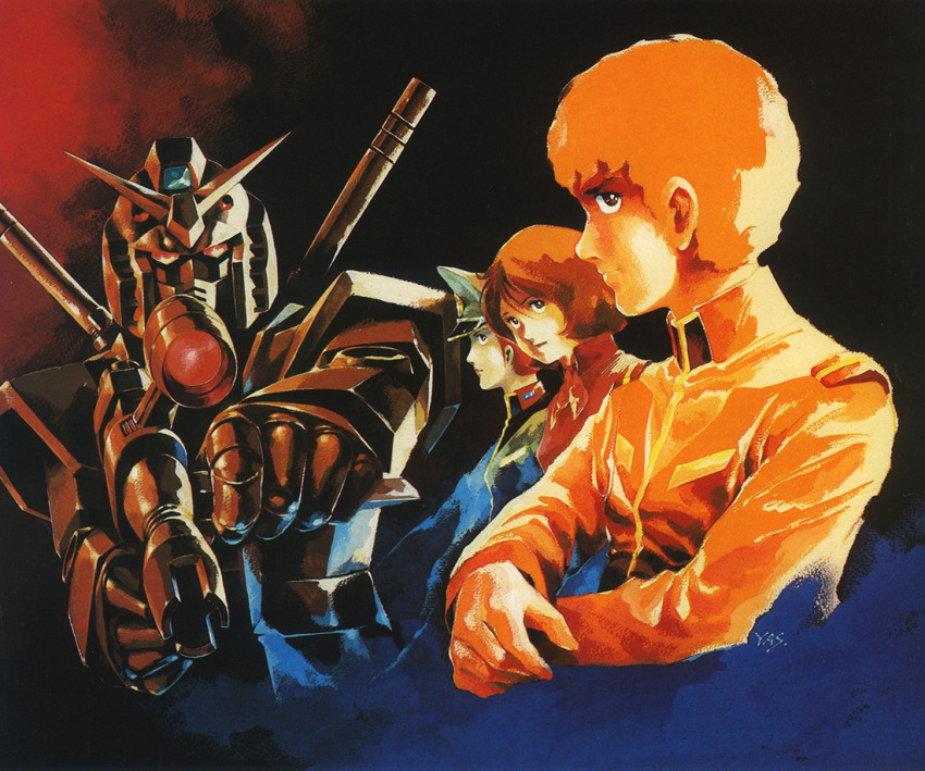 1980s_(style) 1boy 2girls aiming aiming_at_viewer amuro_ray beam_rifle concept_art earth_federation_space_forces energy_gun fraw_bow glint gundam hat looking_at_viewer matilda_ajan mecha military military_uniform mobile_suit mobile_suit_gundam multiple_girls official_art oldschool painting_(medium) production_art promotional_art retro_artstyle robot rx-78-2_gundam scan science_fiction scope traditional_media upper_body v-fin weapon yasuhiko_yoshikazu