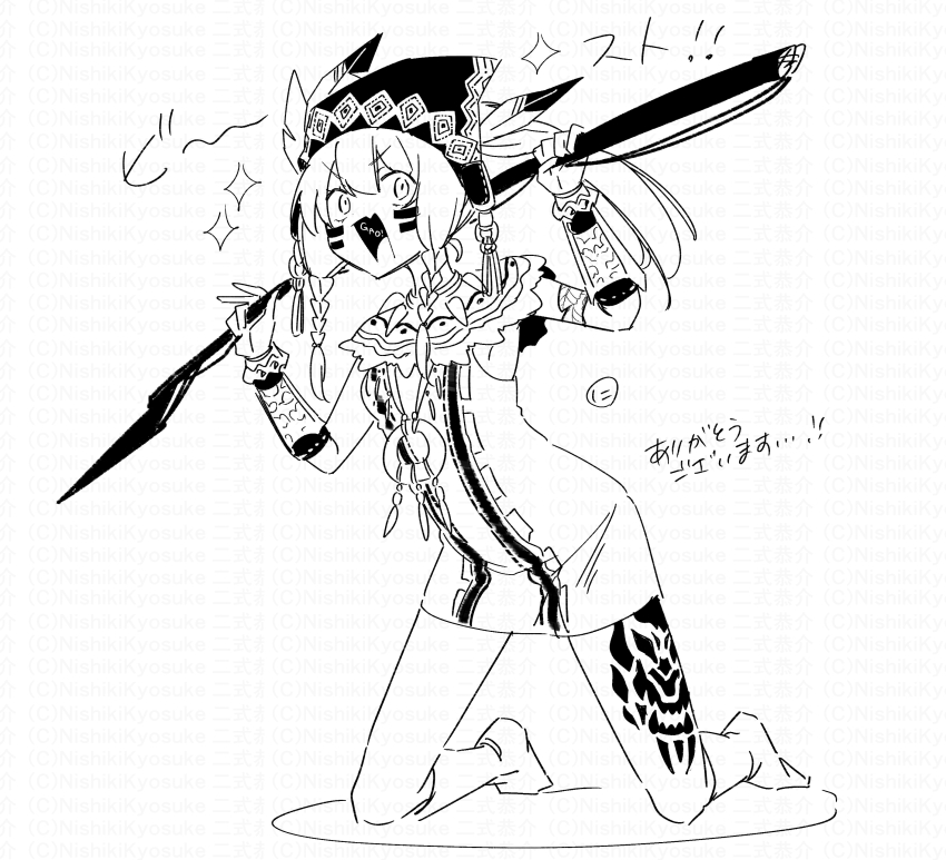 1girl :d absurdres bayonet boots braid character_request dress etrian_odyssey facial_mark fang feathers full_body gao greyscale gun highres holding holding_gun holding_weapon knee_boots kneeling long_hair looking_at_viewer monochrome nikki_kyousuke open_mouth rifle simple_background sleeveless sleeveless_dress smile solo translation_request twin_braids v-shaped_eyebrows watermark weapon white_background