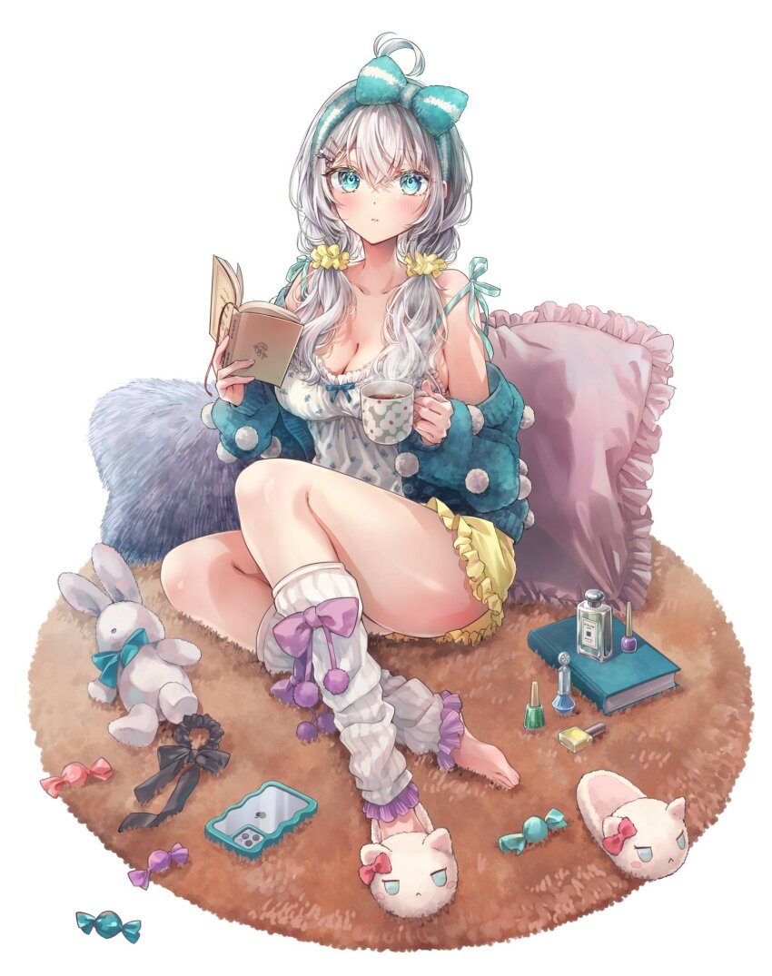 1girl alisa_mikhailovna_kujou aqua_bow bare_shoulders blush book bow breasts camisole candy cellphone cleavage coffee collarbone commentary_request cover cover_page cup food hair_bow highres holding holding_book holding_cup large_breasts long_hair looking_at_viewer manga_cover official_art parted_lips phone pillow single_bare_foot sitting smartphone solo strap_slip tenacitysaho thighs tokidoki_bosotto_roshia-go_de_dereru_tonari_no_alya-san twintails white_camisole