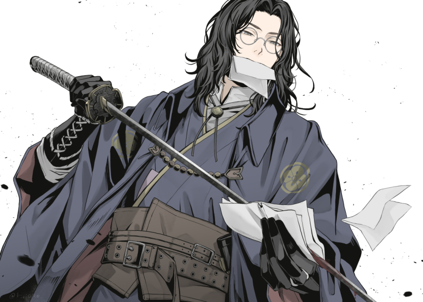 1boy armor belt black_gloves black_hair black_jacket black_kimono blood bolo_tie dutch_angle glasses gloves grey_eyes grey_scarf holding holding_sword holding_weapon jacket japanese_armor japanese_clothes katana kimono kote looking_down male_focus medium_hair mint_(kiri0120) mouth_hold nankaitarou_chouson paper scarf shirt signature simple_background solo sword touken_ranbu upper_body wavy_hair weapon white_background white_shirt