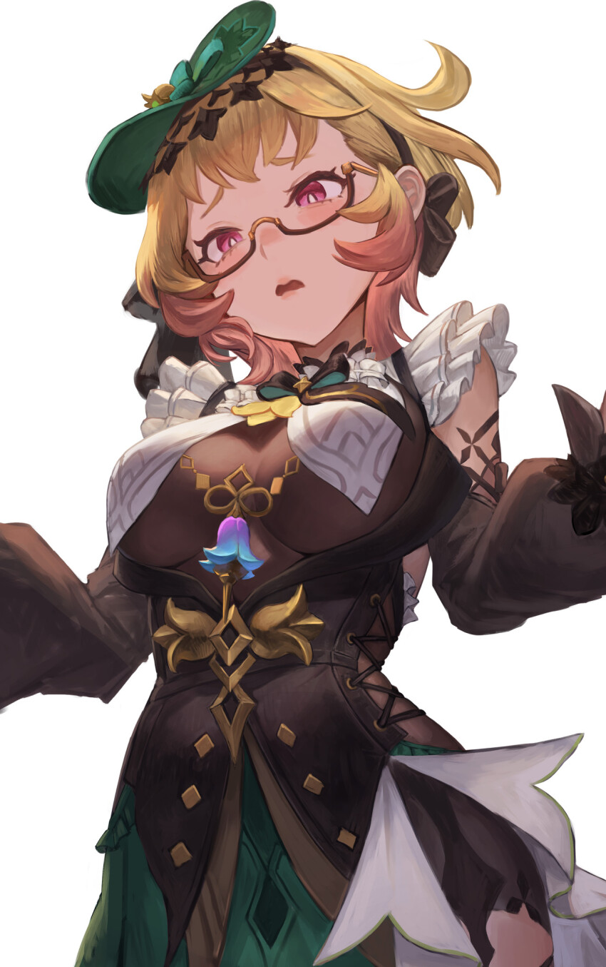 1girl black_dress blonde_hair blush bow bowtie breast_curtains breasts corset detached_sleeves dress emilie_(genshin_impact) genshin_impact glasses green_hat green_skirt hat highres konoike_(pepe_expect) layered_skirt looking_at_viewer medium_breasts open_mouth purple_eyes short_hair skirt sleeveless sleeveless_dress solo white_skirt