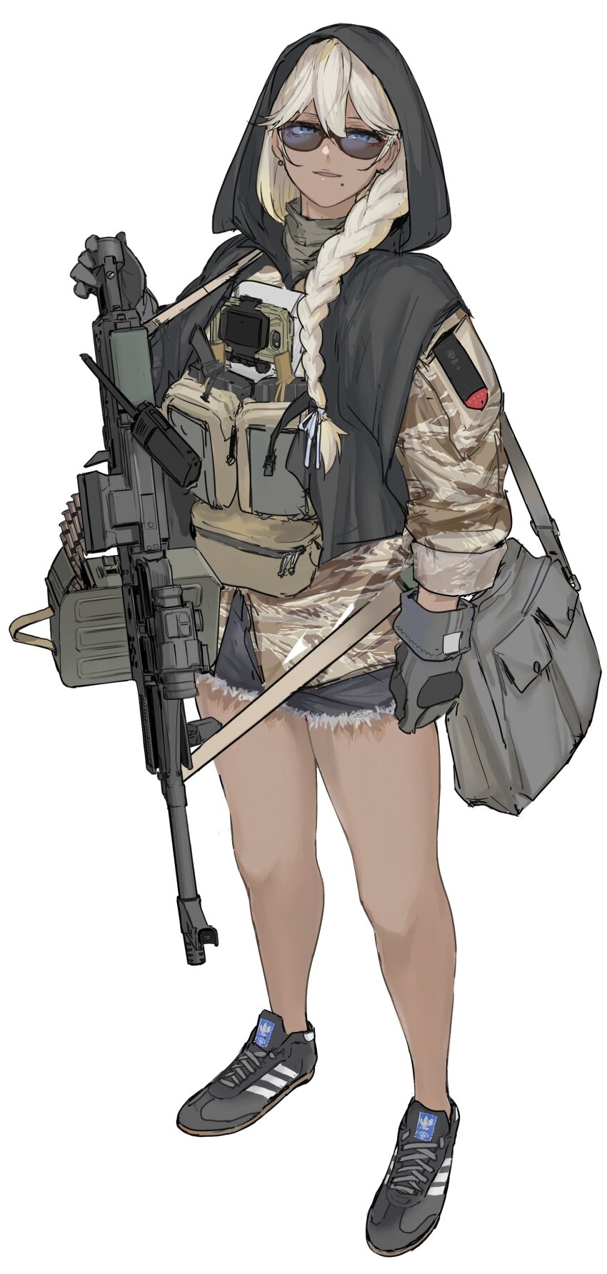 1girl absurdres action_camera alma01 ammunition_pouch bag black_hood black_poncho blonde_hair braid bullpup camouflage camouflage_jacket cutoffs dark_skin glasses gloves gun highres holding holding_gun holding_weapon jacket light_machine_gun machine_gun mole mole_under_mouth original pkp_pecheneg poncho pouch shorts shoulder_bag single_braid sunglasses video_camera weapon