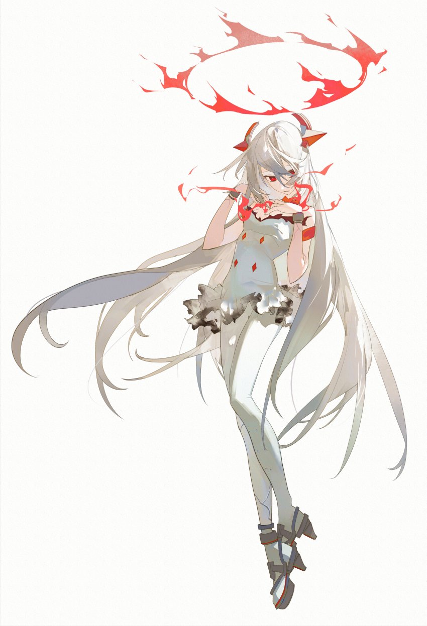 1girl absurdres alchemy_stars bare_shoulders breasts burnt_clothes cracked_skin dress female_focus fire flaming_halo full_body halo hands_on_own_chest headgear highres long_hair looking_at_viewer off-shoulder_dress off_shoulder parted_lips red_eyes simple_background small_breasts solo uriel_(alchemy_stars) very_long_hair wangan white_background white_dress white_hair wristband