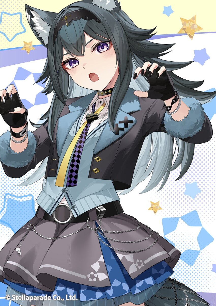 1girl animal_ear_fluff animal_ears belt_collar black_gloves black_jacket black_nails black_skirt black_tiara blue_sweater_vest blush claw_pose collar collared_shirt commentary_request copyright_notice cowboy_shot fingerless_gloves fur-trimmed_jacket fur_trim gao_garuru_(vtuber) gloves hair_between_eyes hair_ornament hands_up highres jacket long_hair long_sleeves looking_at_viewer nail_polish o-ring open_clothes open_jacket open_mouth purple_eyes shirt skirt solo stella_lab sweater_vest tail takehana_note tiara white_shirt wolf_ears wolf_girl wolf_tail