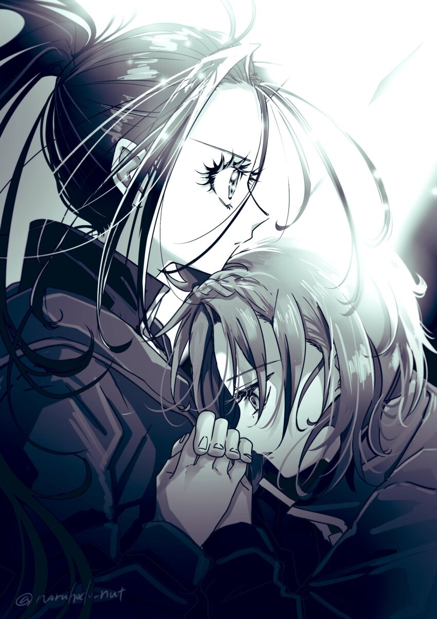 2girls black_hair brown_hair child from_side highres holding_hands jacket kamisaki_hikaru long_hair long_sleeves medalist_(manga) monochrome multiple_girls ponytail short_hair signature yuitsuka_inori