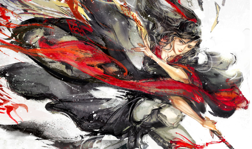 1boy between_fingers black_boots black_eyes black_hair black_hanfu boots chinese_clothes closed_mouth colored_smoke energy faux_traditional_media fighting_stance fire floating_clothes floating_hair flute flute_tassel hair_ribbon hanfu highres holding holding_flute holding_instrument holding_ofuda ink_wash_painting instrument kcllzas163 light_particles long_hair looking_at_viewer male_focus modao_zushi ofuda ofuda_between_fingers on_one_knee pants ponytail red_ribbon ribbon robe simple_background smile smoke solo talisman tassel very_long_hair wei_wuxian white_background white_pants wide_sleeves