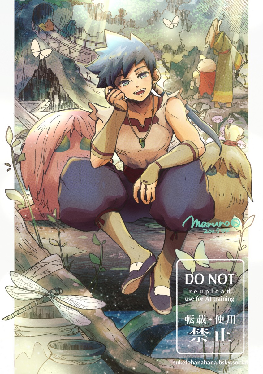 2boys :d blue_eyes blue_hair blue_pants blue_shoes breath_of_fire breath_of_fire_iv bridge brown_gloves bug butterfly commentary_request dated dragonfly ershin fingerless_gloves gloves head_rest highres insect jewelry long_hair looking_at_viewer magatama magatama_necklace male_focus maruno multiple_boys necklace open_mouth pants ponytail ryu_(breath_of_fire_iv) scias shirt shoes signature smile sunlight torn_clothes torn_sleeves watermark white_shirt
