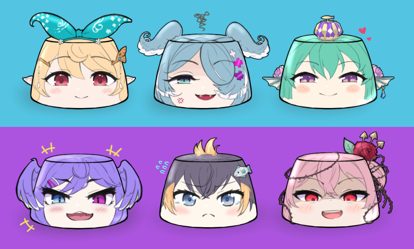 6+girls :&gt; :3 :d anger_vein black_hair blonde_hair blue_background blue_bow blue_eyes blue_hairband blush bow closed_mouth crown earrings elira_pendora evil_smile fangs finana_ryugu fins fish_girl fish_hair_ornament flower food foodification hair_bow hair_flower hair_ornament hair_over_one_eye hairband hairclip head_fins head_wings heterochromia jewelry looking_at_viewer multicolored_hair multiple_girls nijisanji nijisanji_en one_eye_covered open_mouth petra_gurin pink_hair plant pointy_ears pomu_rainpuff psycho_orb pudding purple_background purple_eyes purple_hair red_eyes red_flower red_rose rose rosemi_lovelock selen_tatsuki shaded_face simple_background slit_pupils smile tears thorns two-tone_background two-tone_hair vines virtual_youtuber wings