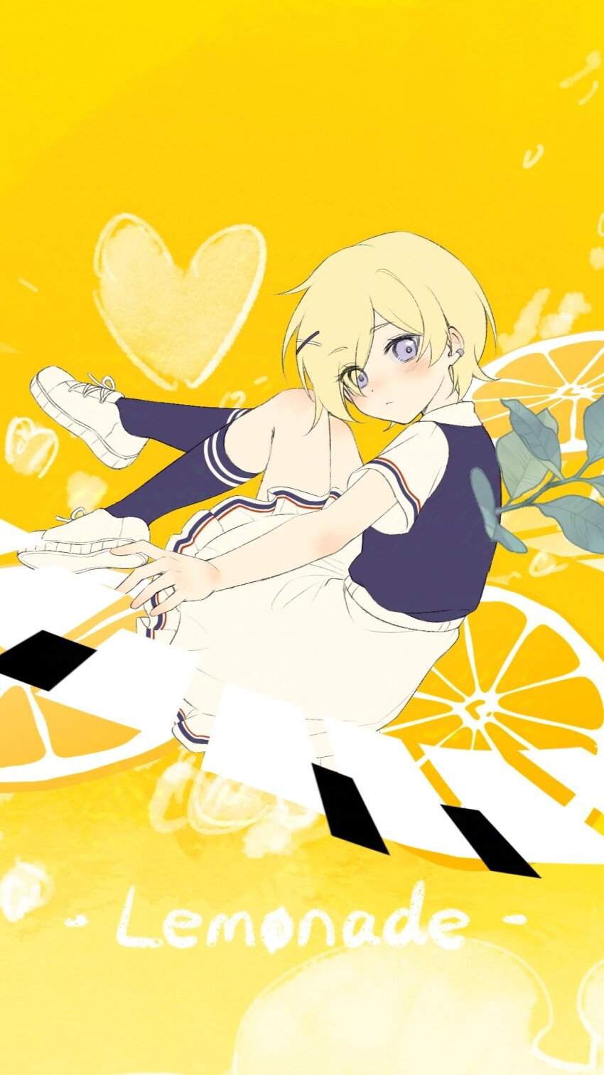 1girl air_bubble black_shirt black_socks blonde_hair blush bubble closed_mouth collared_shirt commentary eyes_visible_through_hair food fruit full_body grey_eyes hair_over_one_eye heart highres lemon lemon_slice lemonade_(love_live!) looking_at_viewer love_live! love_live!_nijigasaki_high_school_idol_club mia_taylor miniskirt official_alternate_costume piano_keys shirt shoes short_hair short_sleeves skirt sneakers socks solo song_name starringooo unfinished white_shoes white_skirt white_sleeves yellow_background