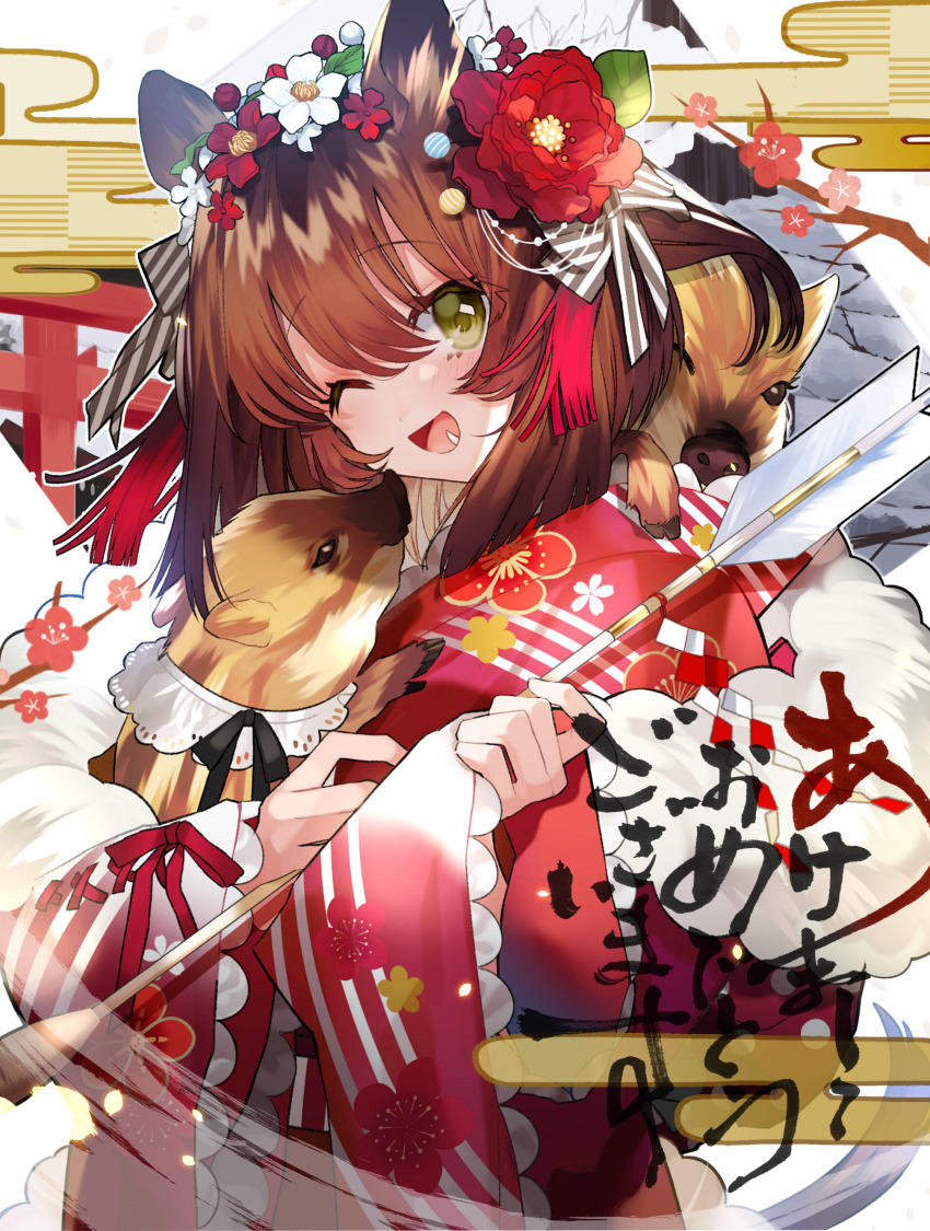 1girl absurdres animal animal_ears animal_on_shoulder arrow_(projectile) boar bow brown_hair fang flower frilled_sleeves frills green_eyes hair_between_eyes hair_bow hair_flower hair_ornament hair_ribbon highres holding holding_animal japanese_clothes kimono long_sleeves looking_at_viewer new_year open_mouth original pomu_(pomu_me) red_flower red_kimono ribbon smile solo_focus tail upper_body white_flower wide_sleeves