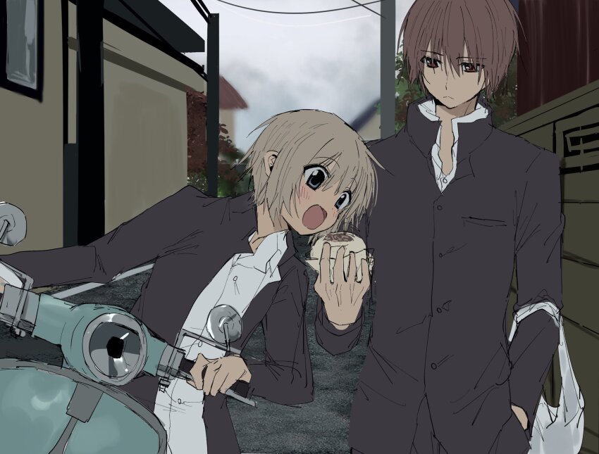 2boys bag black_jacket blue_eyes brown_eyes brown_hair buttons closed_mouth cloud cloudy_sky collared_shirt cowboy_shot day dress_shirt food gakuran hair_between_eyes highres holding holding_food imminent_bite jacket kasukasugom1 kusanagi_naoya looking_at_another looking_at_food male_focus motor_vehicle motorcycle multiple_boys natsume_kei_(sakura_no_uta) open_clothes open_jacket open_mouth outdoors plastic_bag sakura_no_uta school_uniform shirt short_hair sky standing straight_hair white_hair white_shirt