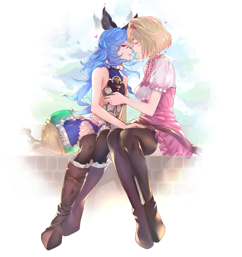 2girls absurdres animal_ears black_legwear blonde_hair blue_hair blue_skirt boots breasts brown_legwear closed_eyes couple djeeta_(granblue_fantasy) ferry_(granblue_fantasy) floating_hair frilled_legwear frilled_skirt frills full_body grabbing_another&#039;s_breast granblue_fantasy groping hair_tubes hairband half-closed_eyes heart high-waist_skirt highres imminent_kiss knee_boots long_hair looking_at_viewer looking_to_the_side miniskirt multiple_girls parted_lips pink_hairband pink_skirt reki_(dezuko) shirt short_sleeves sideboob sitting skirt small_breasts thighhighs white_background white_shirt yuri