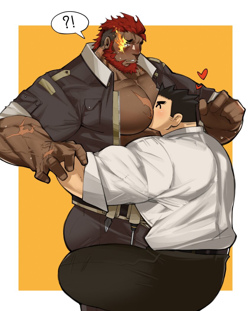 !? 2boys ^_^ absurdres bara beard between_pecs between_pectorals closed_eyes cowboy_shot dark-skinned_male dark_skin eyebrow_cut facial_hair flaming_eye full_beard head_between_pecs hephaestus_(housamo) highres large_pectorals loving_aura male_focus mature_male multiple_boys muscular muscular_male nongnakk pectoral_cleavage pectorals profile protagonist_3_(housamo) red_eyes standing surprise_hug surprised thick_beard thick_eyebrows tokyo_houkago_summoners yaoi