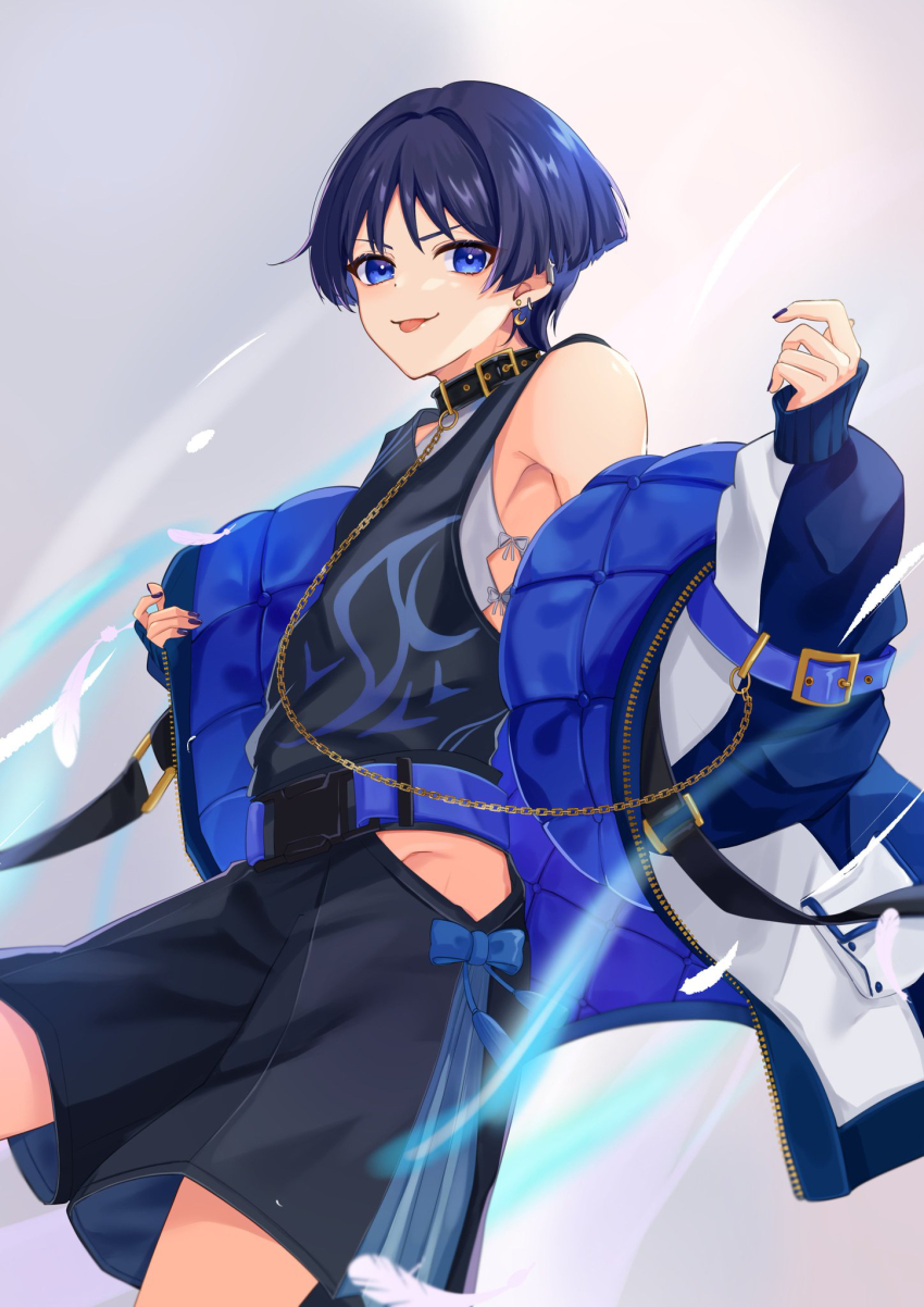 1boy :p belt black_choker black_collar black_hair black_nails black_shorts black_tank_top blue_belt blue_eyes blue_jacket blunt_ends choker collar earrings genshin_impact hair_between_eyes highres jacket jewelry long_sleeves looking_at_viewer male_focus marufus scaramouche_(genshin_impact) short_hair shorts solo sweater_jacket tank_top tongue tongue_out wanderer_(genshin_impact)