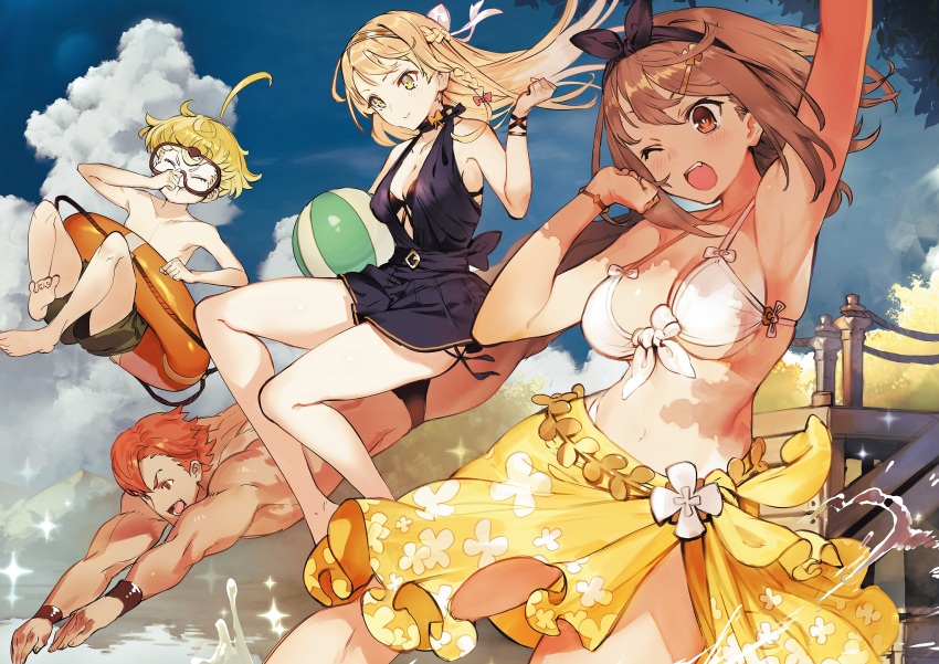 2boys 2girls ahoge arm_up armpits atelier_(series) atelier_ryza atelier_ryza_1 ball beachball bikini black_hairband black_one-piece_swimsuit blonde_hair blue_sky bow_hairband bracelet braid breasts brown_hair brown_male_swimwear child closed_eyes cloud cloudy_sky diving front-tie_bikini_top front-tie_top goggles gold_hairband green_eyes hairband highres holding holding_ball holding_beachball jewelry jumping klaudia_valentz klaudia_valentz_(elegant_mermaid) large_breasts lent_marslink long_hair male_swimwear medium_breasts medium_hair multiple_boys multiple_girls muscular muscular_male navel official_alternate_costume official_art one-piece_swimsuit one_eye_closed open_mouth orange_hair orange_innertube red_male_swimwear reisalin_stout reisalin_stout_(sunlight_flower) sarong short_hair sky smile swimsuit tao_mongarten teeth topless_male toridamono upper_teeth_only water white_bikini yellow_sarong