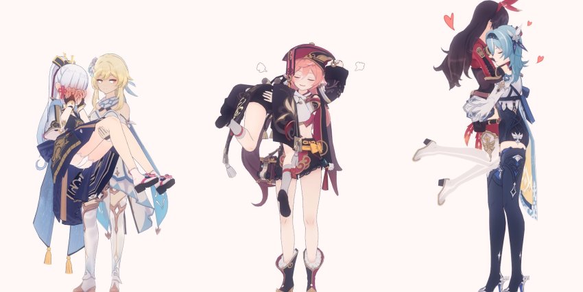 3d 6+girls amber_(genshin_impact) ayaka_(genshin_impact) blush caldier_fshh carrying covering_face dress embarrassed eula_(genshin_impact) genshin_impact hairband hat heart high_heels highres hu_tao_(genshin_impact) hug jacket leotard lumine_(genshin_impact) multiple_girls ponytail princess_carry shorts standing yanfei_(genshin_impact) yuri