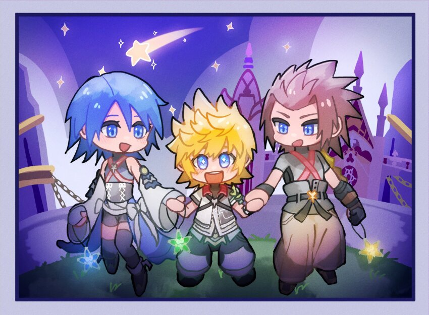 +_+ 1girl 2boys aqua_(kingdom_hearts) arm_armor armor asymmetrical_armor bike_shorts bike_shorts_under_skirt black_gloves blonde_hair blue_border blue_cape blue_eyes blue_hair blue_shirt blush border bright_pupils brown_hair brown_hakama cape charm_(object) checkered_clothes chibi chibi_only commentary detached_sleeves fingerless_gloves full_body gloves glowing grass grey_shirt hair_intakes hair_slicked_back hakama hakama_pants highres holding holding_charm holding_hands jacket japanese_clothes jumping kingdom_hearts kingdom_hearts_birth_by_sleep looking_at_another looking_at_viewer medium_hair multicolored_jacket multiple_boys night night_sky on_grass open_clothes open_jacket open_mouth outdoors pants puffy_pants shirt shoes shooting_star short_sleeves shoulder_strap sky sleeveless sleeveless_shirt smile spiked_hair squidkid528 star_(symbol) symbol-only_commentary teeth terra_(kingdom_hearts) upper_teeth_only ventus_(kingdom_hearts) waist_cape wide_sleeves wristband
