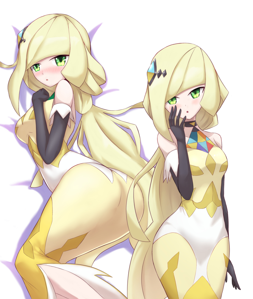 1girl absurdres ass blonde_hair blush commentary dress green_eyes hair_ornament highres long_hair looking_at_viewer lusamine_(pokemon) lusamine_(sygna_suit)_(pokemon) lying multiple_views nintendo official_alternate_costume open_mouth pokemon pokemon_masters_ex white_background zerokun135