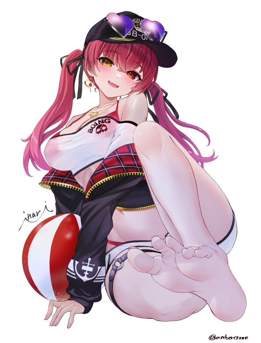 artist_name ball barefoot baseball_cap beachball bikini bikini_under_clothes black_hat black_jacket black_ribbon breasts commentary commentary_request cropped_shirt dolphin_shorts duplicate earrings eyewear_on_head feet foot_focus halterneck hat heart heart-shaped_eyewear heterochromia highres hololive hood hooded_jacket houshou_marine houshou_marine_(summer) inari_(ambercrown) jacket jewelry large_breasts long_hair looking_at_viewer o-ring o-ring_thigh_strap on_ground open_mouth partially_unzipped red_bikini red_eyes red_hair ribbon see-through_clothes see-through_shirt shirt short_shorts shorts simple_background string_bikini sunglasses swimsuit t-shirt thigh_strap twintails virtual_youtuber wet wet_clothes wet_shirt white_background white_shirt white_shorts yellow_eyes