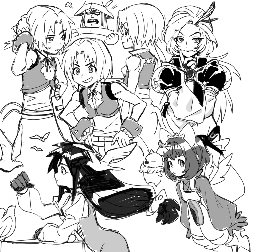 2girls 3boys adelbert_steiner bare_shoulders bird black_choker black_hair bodysuit bow breasts choker creature cropped_jacket cropped_vest crossed_arms dede_(qwea_00000) eiko_carol feather_hair_ornament feathers final_fantasy final_fantasy_ix fingerless_gloves furrowed_brow garnet_til_alexandros_xvii gloves greyscale hair_bow hair_ornament hand_in_own_hair hands_on_own_hips helm helmet highres horns juliet_sleeves kuja leaning_forward long_hair long_sleeves low-tied_long_hair medium_breasts mini_wings monkey_tail monochrome moogle multiple_boys multiple_girls open_mouth overalls parted_lips puffy_long_sleeves puffy_sleeves shirt short_hair single_horn sketch smile sweatdrop tail vest white_background white_shirt wings wrist_cuffs zidane_tribal