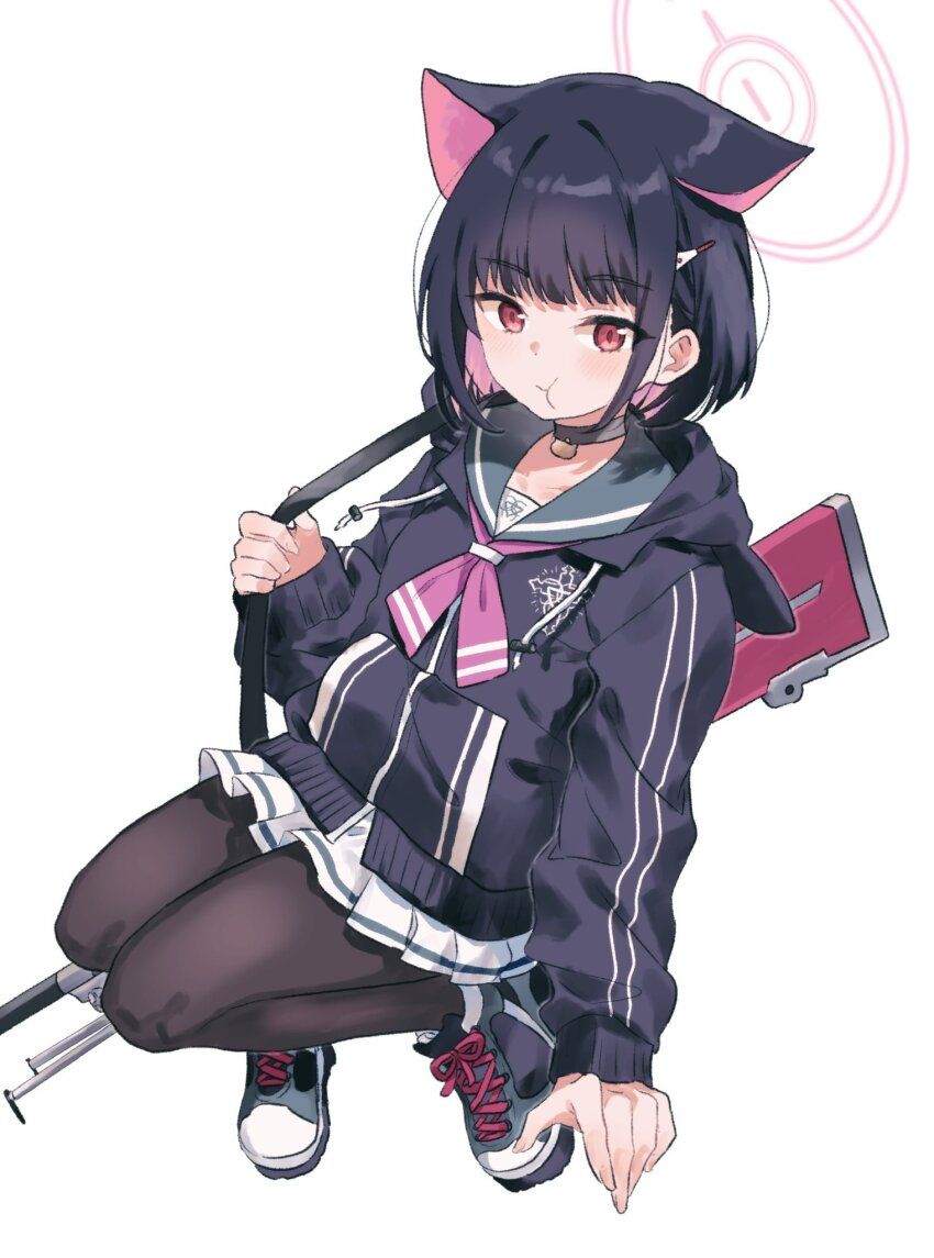 1girl :t black_choker black_hair black_hoodie black_pantyhose blue_archive blush bren_lmg cat_choker choker collarbone colored_inner_hair extra_ears full_body gun hair_ornament hairclip halo highres hood hoodie kazusa_(blue_archive) light_machine_gun long_sleeves looking_at_viewer machine_gun migolu multicolored_hair neckerchief pantyhose pink_hair pink_neckerchief sail shoes shoulder_strap simple_background skirt sleeves_past_wrists sneakers solo weapon white_background white_skirt