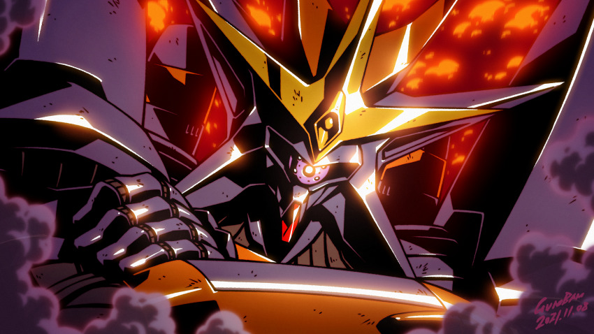artist_name babamba crossed_arms dated explosion gunbuster highres looking_down mecha no_humans one-eyed portrait purple_eyes robot science_fiction solo top_wo_nerae! top_wo_nerae!_(series)