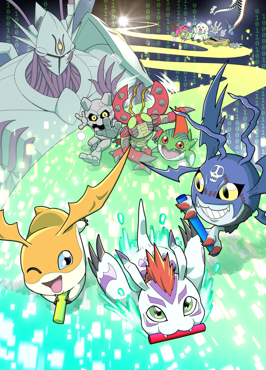 absurdres arkadimon_super_ultimate bat_(animal) betamon body_fur bug digimon digimon_(creature) digimon_story:_cyber_sleuth digimon_story:_cyber_sleuth_-_hacker&#039;s_memory digimon_story:_time_stranger eater_(digimon) fangs gears gomamon gottsumon group_picture hagurumon highres holding mohawk narome_and_levy one_eye_closed palmon patamon picodevimon red_hair relay_baton rock seal_(animal) tentomon terriermon white_fur