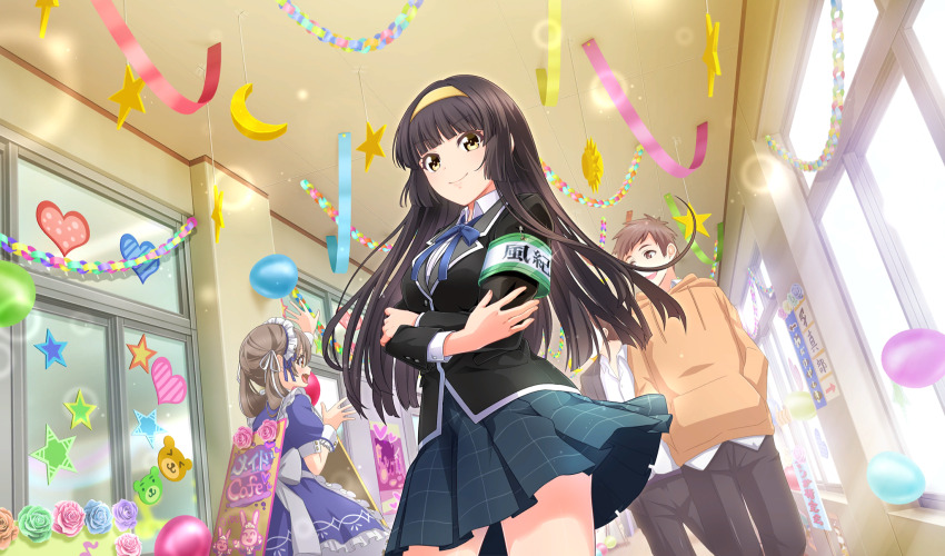 2boys 2girls alternate_costume apron armband balloon black_hair black_jacket black_pants blue_flower blue_ribbon blue_rose blunt_bangs brown_hair cinderella_series closed_mouth collared_shirt crossed_arms dress dutch_angle enmaided film_grain flower frilled_apron frills from_below game_cg green_flower green_rose grey_skirt hachigatsu_no_cinderella_nine hair_ribbon hairband hands_in_pockets highres hood hoodie indoors jacket lens_flare light_particles long_hair long_sleeves looking_at_viewer maid maid_headdress menu_board multiple_boys multiple_girls neck_ribbon non-web_source official_alternate_hairstyle official_art open_mouth orange_hoodie pants paper_chain pink_flower pink_rose plaid_clothes plaid_skirt pleated_skirt puffy_short_sleeves puffy_sleeves purple_dress purple_flower purple_rose ribbon rose satogahama_school_uniform school school_festival school_uniform shiina_yukari_(hachigatsu_no_cinderella_nine) shirt short_sleeves skirt smile solo_focus standing tsukishima_yui_(hachigatsu_no_cinderella_nine) twintails white_apron white_ribbon white_shirt window winter_uniform wrist_cuffs yellow_eyes yellow_hairband