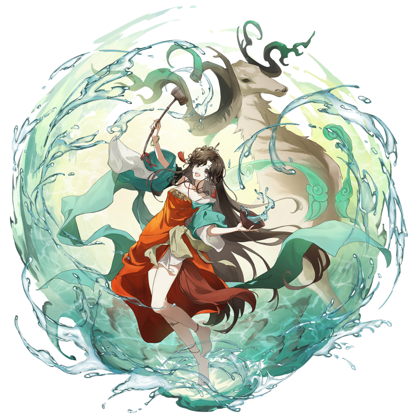 1girl :d anklet barefoot black_eyes black_hair bowl bracelet breasts cleavage dipper dress facial_mark faux_figurine feimian floating_hair foot_up forehead_mark full_body green_sleeves highres holding holding_bowl holding_spoon hydrokinesis jewelry jiu_niangzi long_hair looking_at_viewer medium_dress monster open_mouth red_dress reverse:1999 single_bare_shoulder smile solo spoon standing standing_on_one_leg very_long_hair water white_background wide_sleeves