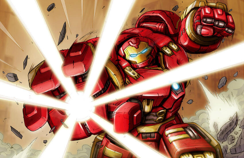 avengers:_age_of_ultron avengers_(series) blue_eyes clenched_hand glowing glowing_eyes hulkbuster iron_man looking_at_viewer marcelo_matere marvel marvel_cinematic_universe mecha mecha_focus open_hand robot rock smoke solo twisted_torso
