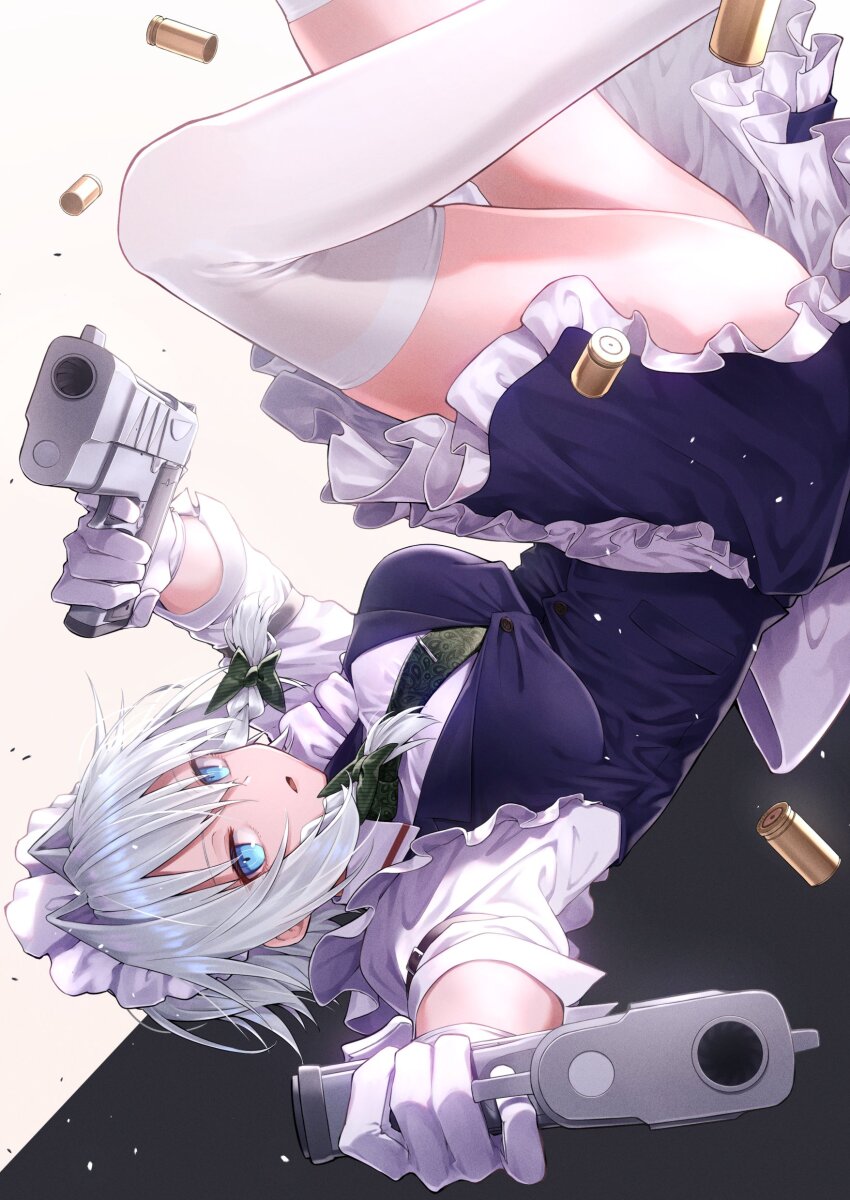 1girl absurdres aiming aiming_at_viewer apron black_background blue_dress blue_eyes bow braid breasts commentary_request dress green_bow green_necktie greenkohgen gun hair_bow highres holding holding_gun holding_weapon izayoi_sakuya large_breasts looking_at_viewer maid_headdress medium_hair necktie shell_casing shirt short_sleeves solo thighhighs thighs tie_clip touhou twin_braids two-tone_background upside-down waist_apron weapon white_apron white_background white_hair white_shirt white_thighhighs