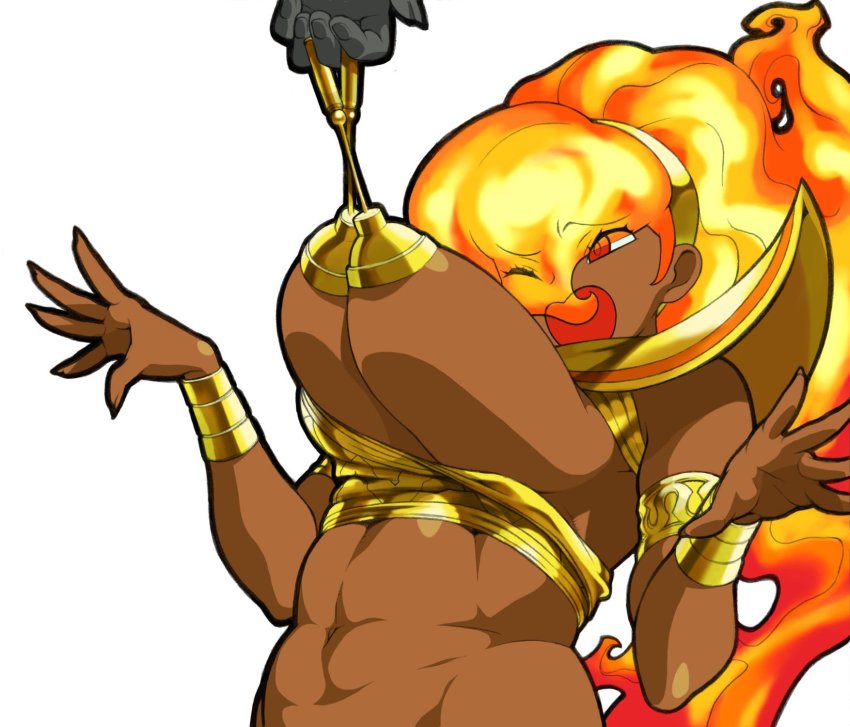 1girl breast_lift breasts bsd capcom cleavage dark_skin fiery_hair fire gold hair_over_one_eye highres jewelry kei_(bekei) large_breasts masochism midriff navel nipple_pull nipple_stimulation orange_hair pasties power_stone red_eyes rouge_(power_stone) sadism torture