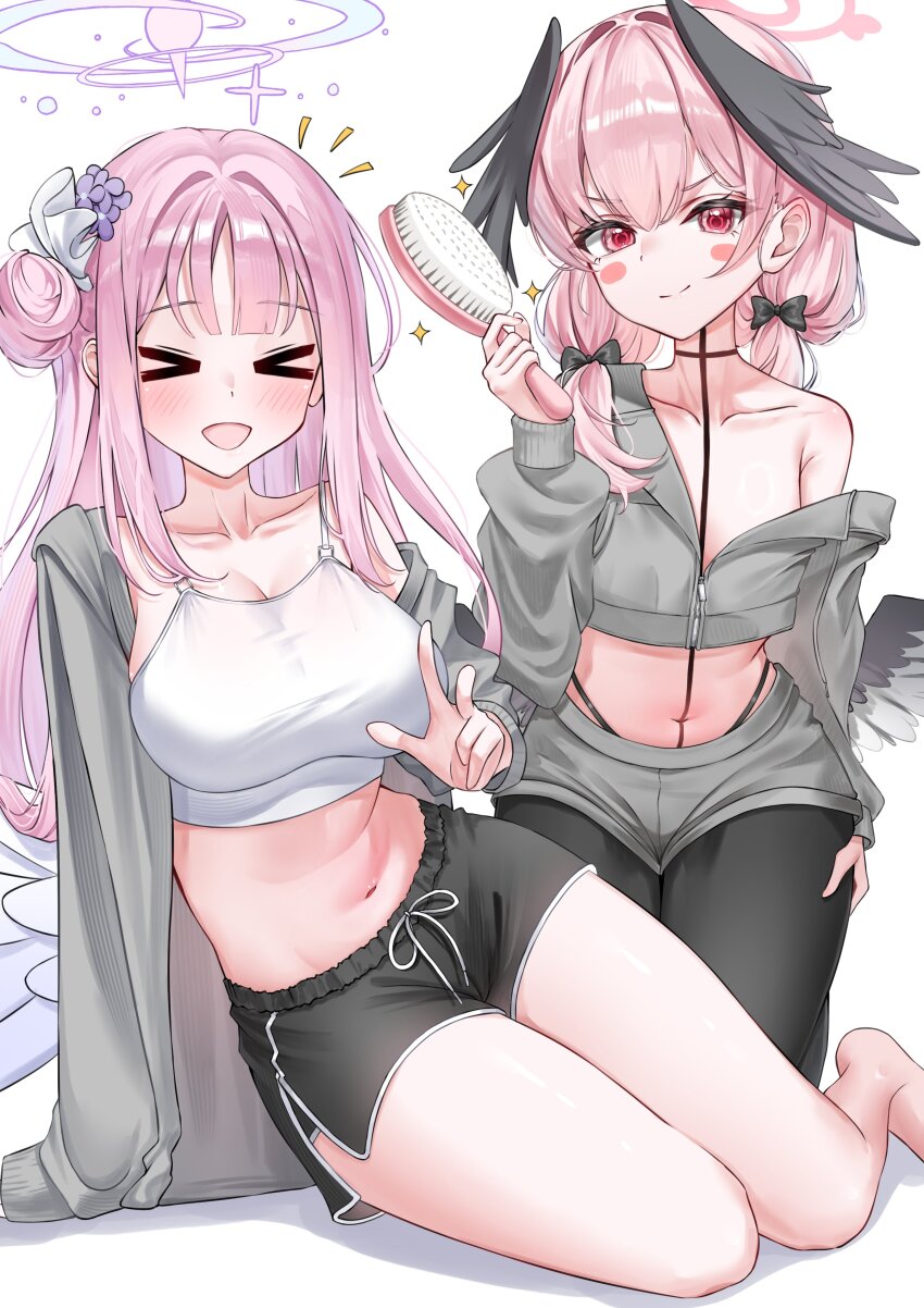 &gt;:) &gt;_&lt; 2girls :d absurdres alternate_costume angel_wings barefoot black_bow black_choker black_pantyhose black_shorts black_wings blue_archive blunt_bangs blush blush_stickers bow breasts camisole choker collarbone commentary_request crop_top cropped_jacket curvy dolphin_shorts feathered_wings gradient_halo hair_bow hair_brush hair_bun hair_intakes halo hand_on_own_hip head_wings highres holding holding_brush holding_hair_brush jacket kneeling koharu_(blue_archive) large_breasts long_hair looking_at_viewer low_twintails low_wings midriff mika_(blue_archive) multicolored_halo multiple_girls navel no_bra no_headwear notice_lines off_shoulder open_clothes open_jacket open_mouth pantyhose pink_hair pink_halo pink_jacket red_eyes revision scrunchie shorts single_bare_shoulder single_side_bun sitting small_breasts smile smug sparkle thighs twintails v-shaped_eyebrows w wfa5051 white_background white_camisole white_wings wing_ornament wings yokozuwari