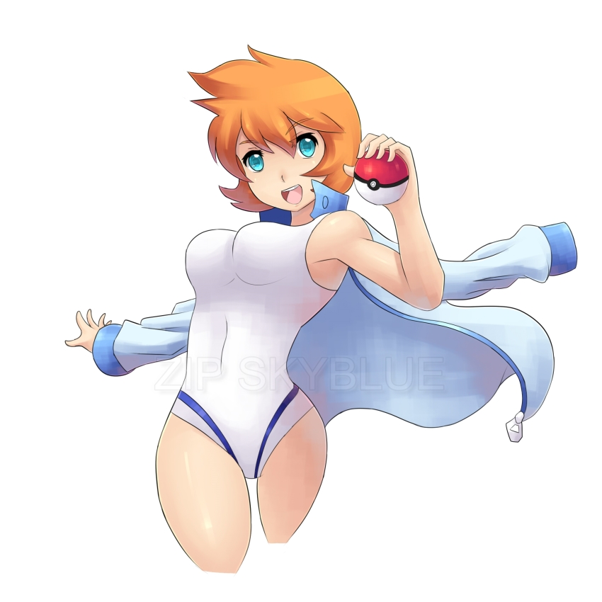 1girl covered_navel eyelashes gen_1_pokemon gen_2_pokemon green_eyes gym_leader highres holding holding_poke_ball jacket misty_(pokemon) nintendo one-piece_swimsuit open_clothes open_jacket open_mouth poke_ball poke_ball_(basic) pokemon pokemon_hgss short_hair smile starmie swimsuit water white_one-piece_swimsuit zipskyblue