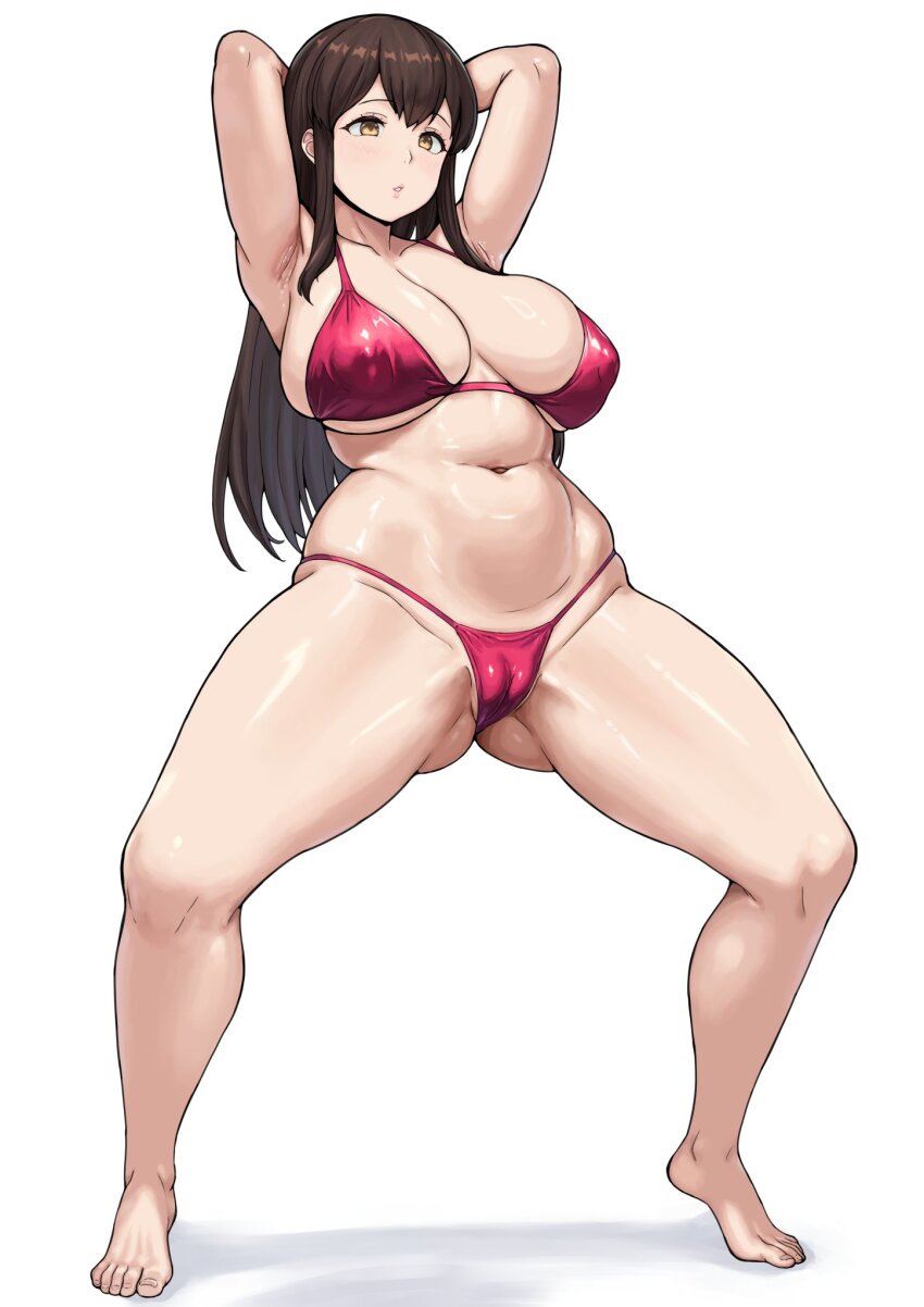 1girl akagi_(kancolle) alternate_breast_size armpits arms_behind_head bikini breasts brown_hair cameltoe cleavage full_body gluteal_fold highres kantai_collection large_breasts long_hair navel no_shoes open_mouth rakutosu red_bikini simple_background solo spread_legs standing swimsuit toes white_background wide_hips yellow_eyes