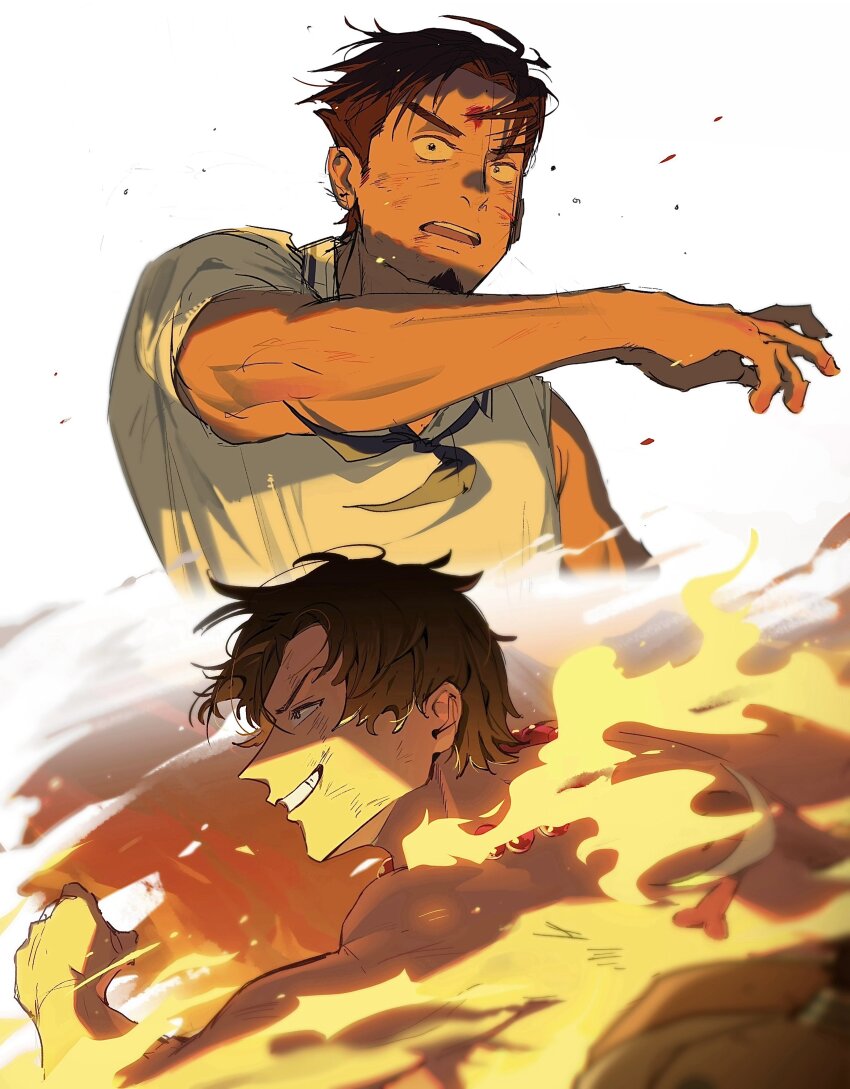 2boys absurdres black_hair blood blood_on_face brown_hair dimodisan elder_marine_brother facial_hair fire goatee hashtag-only_commentary highres jewelry jolly_roger multiple_boys neckerchief necklace one_piece one_piece_fan_letter open_mouth pearl_necklace portgas_d._ace profile short_hair sleeveless smile smoke whitebeard_pirates_jolly_roger