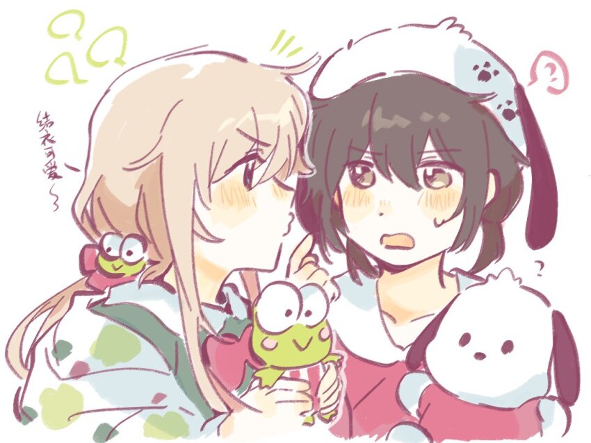 ? animal_hat black_hair blonde_hair blush brown_eyes closed_mouth commentary dog dog_hat doll eye_contact funami_yui green_shirt hair_between_eyes hasunoue_keroppi hat holding holding_doll index_finger_raised kero_kero_keroppi long_hair looking_at_another low_ponytail notice_lines open_mouth pochacco ponytail profile puckered_lips red_shirt sanrio shirt short_hair sidelocks simple_background spoken_question_mark symbol-only_commentary toshinou_kyouko translation_request upper_body v-shaped_eyebrows white_background woodonly yuri